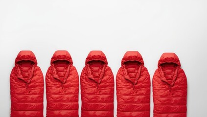 Collection of red sleeping bags on a white backdrop