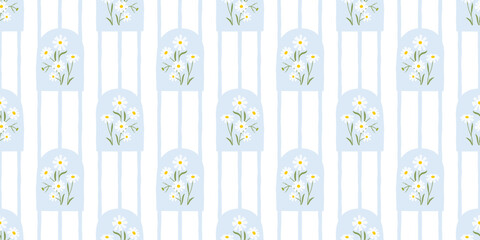 Vintage daisy flower bouquet art seamless pattern illustration. Retro nature floral background in hand drawn style. Spring season garden decoration texture, natural textile drawing print.