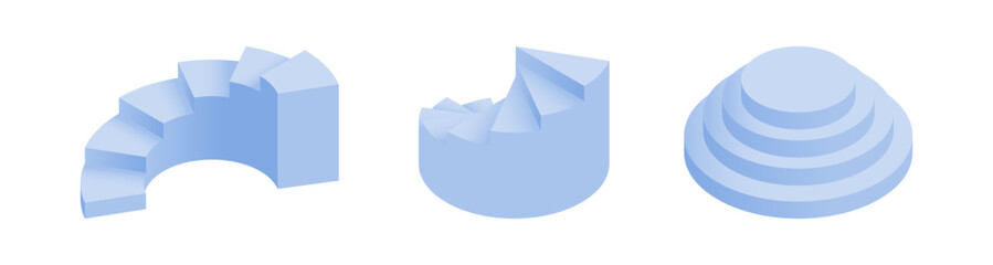 Spiral and circular stairs. Vector isometric steps set,isometric connectors between floors, linking platforms and levels. Architectural creativity and interior functionality. Planning visualization
