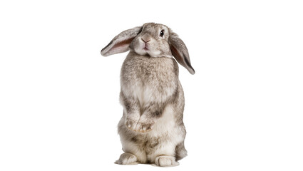 Fluffy grey lop-eared rabbit standing upright, isolated on transparent background