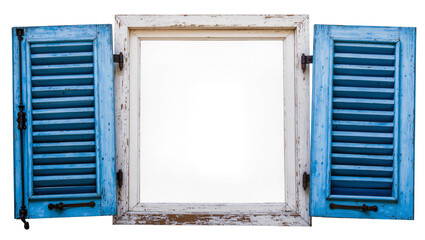Isolated old distressed window frame with chippy white paint and open blue wooden shutters