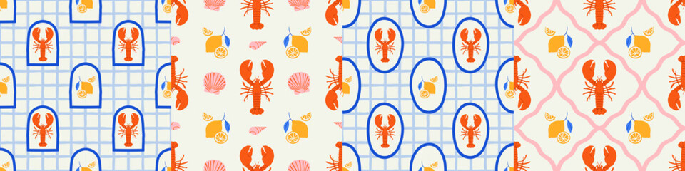 Vintage lobster seamless pattern set. Italian sea food background illustration in hand drawn style. Retro mediterranean beach surface print design collection, summer vacation texture bundle.