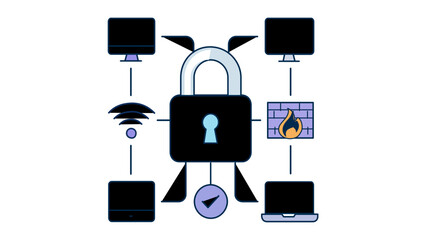 SaaS security vector icon illustration featuring a central padlock connected to computer monitors, Wi-Fi, firewall, and checkmark, representing cloud data protection and network safety systems.