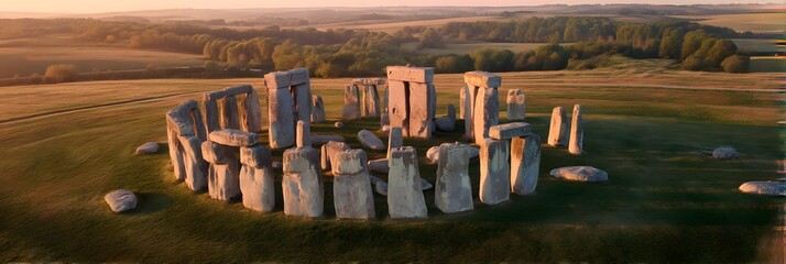 Stonehenge Ancient Monument In Wiltshire England At Sunrise With Golden Light Over Green Landscape