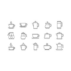 Collection of various outline icons featuring coffee cups teapots kettles