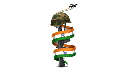 A symbolic representation of Indian military forces with a helmet and gun