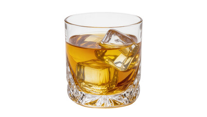 Amber whiskey with ice cubes in a crystal glass, isolated on transparent background