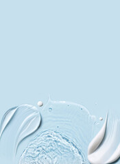 cosmetic cream smears, smooth and shiny texture, water texture ripple wave clean transparent water drops abstract blue background
