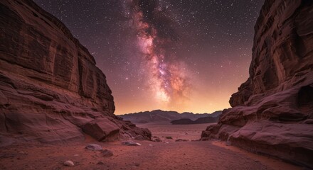 Milky Way galaxy over a desert rocky canyon at night with starry sky and colorful nebulae for astronomy travel and nature adventure posters or backgrounds