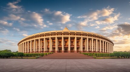 Wide Angle View of Indian Parliament House During Golden Hour with Dramatic Sky and Clouds