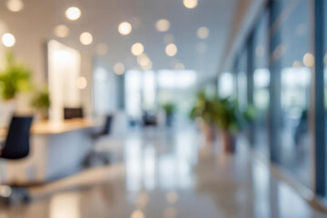 Blurred background of modern office with window and city skyline