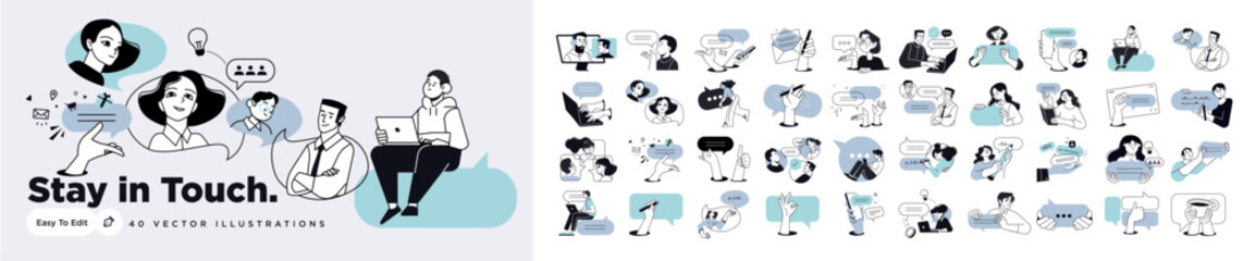 People vector illustrations in various activities of communication, social media, networking, support, community, chatting, app and services, rating and review, conversation.