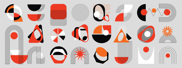 Hand drawn abstract minimal element mid century vector set. Aesthetic contemporary stripe line art, geometric shape in monochrome. Art form design for wall art, decoration, wallpaper.