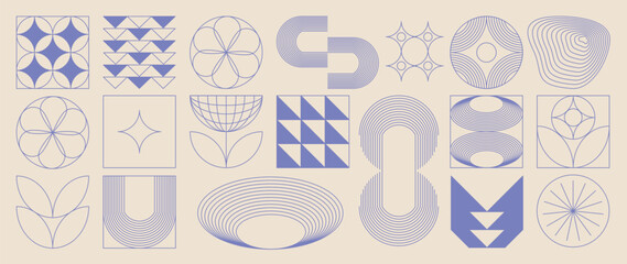 Hand drawn abstract minimal element mid century vector set. Aesthetic contemporary stripe line art, geometric shape in monochrome. Art form design for wall art, decoration, wallpaper.