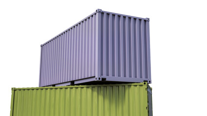 Two stacked shipping containers one purple and one green, isolated on transparent background