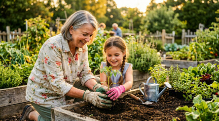 Grandmother and granddaughter planting a tomato seedling in a raised garden bed. Happy senior woman teaching child how to garden outdoors. Family bonding concept