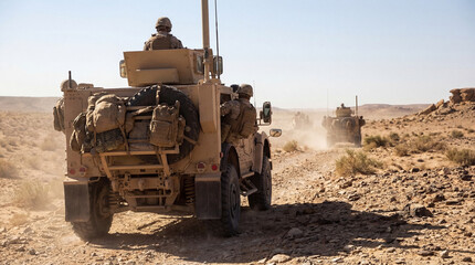 Military convoy traversing a barren desert landscape, kicking up dust under a clear sky, a powerful photograph.