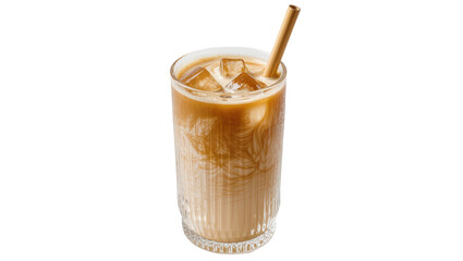 Tall glass of iced coffee with milk and a bamboo straw, isolated on transparent background