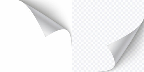 Curled page corner isolated on transparent and white background. Blank curve paper edge, bent sheet, note angle with realistic shadow. Vector rolled up stickers, peel banners