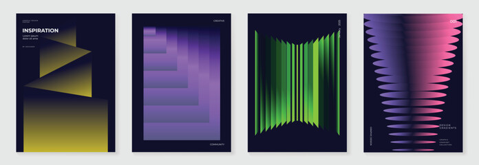 Abstract gradient poster background vector set. Minimalist style cover template with vibrant perspective 3d geometric prism shapes collection. Ideal design for social media, cover, banner, flyer.