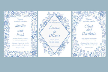 Elegant floral wedding invitation templates with blue line art flowers and typography