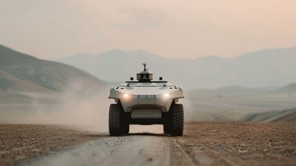 An unmanned combat vehicle patrols a deserted battlefield with AI-driven surveillance, showcasing futuristic military technology and autonomous warfare capabilities.