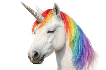 White unicorn with rainbow mane fantasy animal portrait isolated on white background