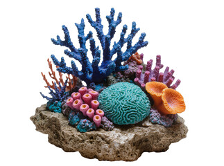 Isolated colorful artificial coral reef decoration on a rock base, vibrant aquatic habitat