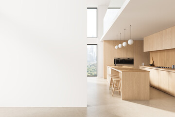 Minimalist modern kitchen interior with light wood cabinetry, long island, stools, pendant lights, tall windows and bright spacious architecture concept mockup. 3D Rendering