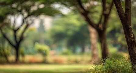 Soft-focus park scene with blurred trees and greenery; foreground tree trunk and grass