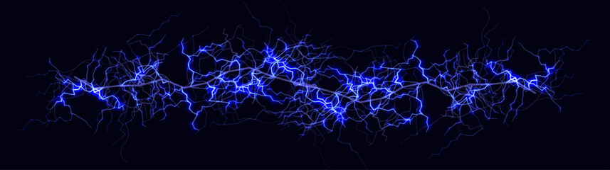 Electric lightning energy line, blue neon plasma sparks, high voltage abstract background Lightning effects for game VFX, sci-fi tech banners, wallpapers, headers. Vector illustration