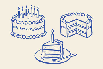 Birthday cakes and slice naive doodle vector illustration