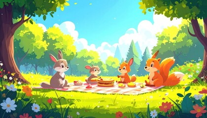 Forest animals enjoying a picnic on a sunny day