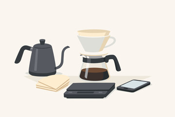 Flat Vector Illustration of a Specialty Coffee Brewing Set Featuring a Gooseneck Kettle, Ceramic Dripper with Paper Filters, Glass Carafe with Fresh Coffee, Digital Scale, and a Smartphone.