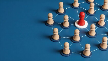 Red pawn leading wooden chess pieces on blue background business leadership concept strategic management team hierarchy corporate structure decision making authority success