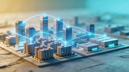 Miniature city model with digital network connections smart city concept internet of things futuristic urban planning technology infrastructure data communication 3d rendering