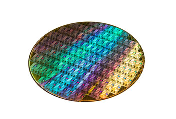 Semiconductor silicon wafer disk chip made of silicon isolated on white background used in electronics for the fabrication of integrated circuits.