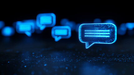 Glowing blue speech bubbles floating in dark space representing digital communication and social media concept.