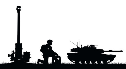 Silhouette of Soldier with Artillery Gun and Tank on Grassy Field