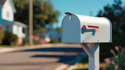 White mailbox attached to a wooden post on the side of a street. the mailbox has a red handle on the top and a small window on the front.