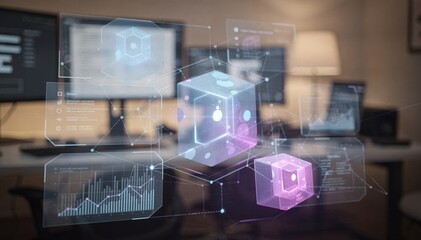 Shot focusing on catalog metadata dashboards showing indie music rights with a blurred workspace conveying an innovative blockchainbased management environment.