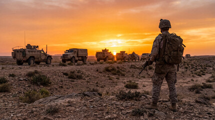 Lone soldier with a backpack standing in a vast, arid desert landscape watching a convoy at a vivid sunset.