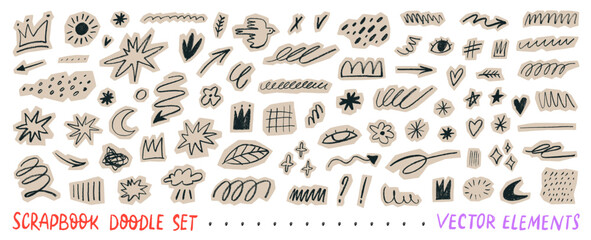 Funky doodle scrapbook collage vector stickers. Crayon drawn doodle elements cut out on beige craft paper. Hand drawn scrapbook stickers with squiggle lines, underlines, stars, arrows and crowns.