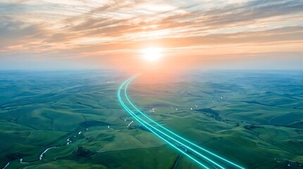 Expansive highway cutting through lush green landscape at sunset with landscape transport outdoors countryside tranquil