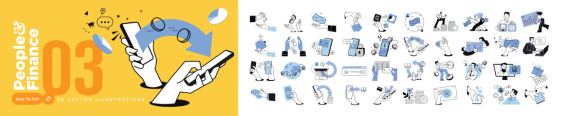 People and finance. Vector illustrations of people in various financial and banking activities. Concepts for graphic and web design, social media, business and marketing material.