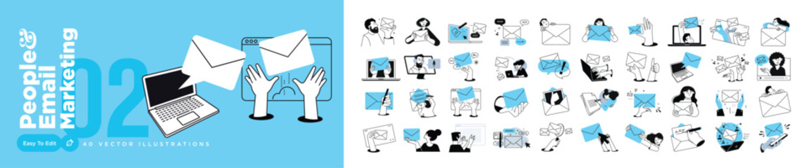 People and email marketing. Vector illustrations of people in various communication and marketing activities. Concepts for graphic and web design, social media, business and marketing material.