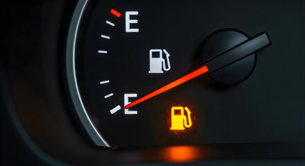 Low fuel warning a car's dashboard gauge indicates empty gas tank
