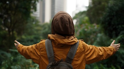 Standing among lush greenery a person embraces the sweeping perspective where nature meets the modern cityscape