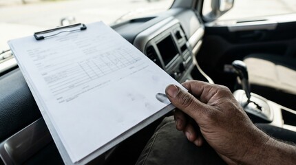 Logistic Driver Manifest On Clipboard Inside Truck Cab