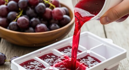 Red grape juice being poured into an ice cube tray from a bowl of fresh grapes
